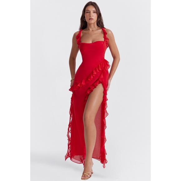 NEW House of CB Ariela Ruffle Maxi Dress Red Rose Cherry Large+ (XL) - Picture 1 of 17